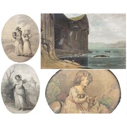 By and after William Daniell (British 1769-1837): 'Staffa near Fingals Cave', aquatint with hand colouring; Joshua Kirby Baldrey (British 1754-1828): 'Welch Peasants' and 'The Cottager', pair oval stipple engravings together with another after Daniel Gardner max 31cm x 24cm (4)