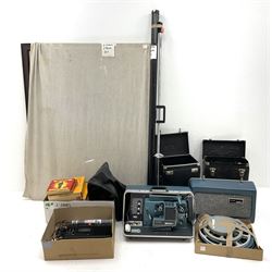 Kodak Carousel S-AV 2020 and 2050 35mm slide projectors, Kodak S-AV cassette recorder 200, Kodak S-AV programmable dissolve control, two Kodak slide carousels and a metal stand; a Singer Graflex 16 cine projector, two 16mm Charlie Chaplin film reels with sound 'Between Showers' and 'Oh What a Night', and five film spools; freestanding roll-up projection screen, and a wood framed reflective daylight projection screen