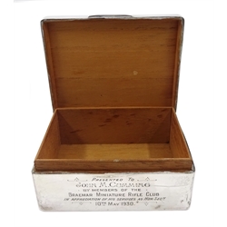 Silver mounted presentation cigarette box, engine turned decoration, inscribed by William Neale & Son Ltd, Birmingham 1927