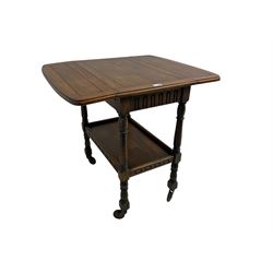 Mid 20th century oak two-tier drop-leaf drinks trolley (W68cm D42cm H74cm); and painted pine kitchen table, fitted with single drawer (W122cm D69cm)
