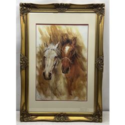 E Rosso (Continental 20th century): Portrait of Grey and Chestnut Horses, colour print 70cm x 46cm