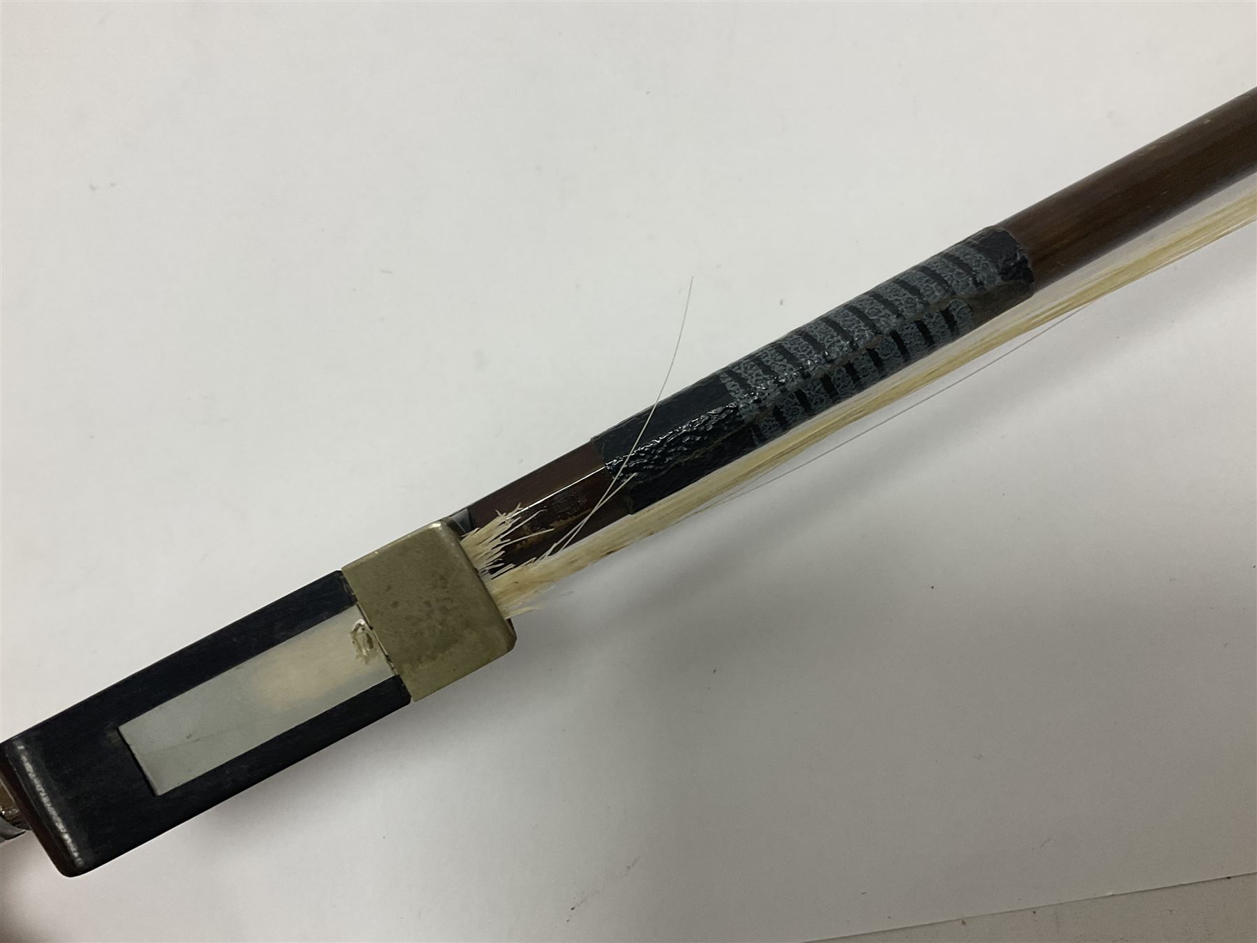 Wooden double bass bow with a mother of pearl inlay to the frog Length 71cm