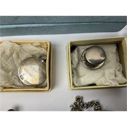 Pair of Georgian silver dress buttons, silver caddy spoon, silver fob medals, silver watches, set of six silver plated teaspoons, set of gilt buttons with ship design, etc