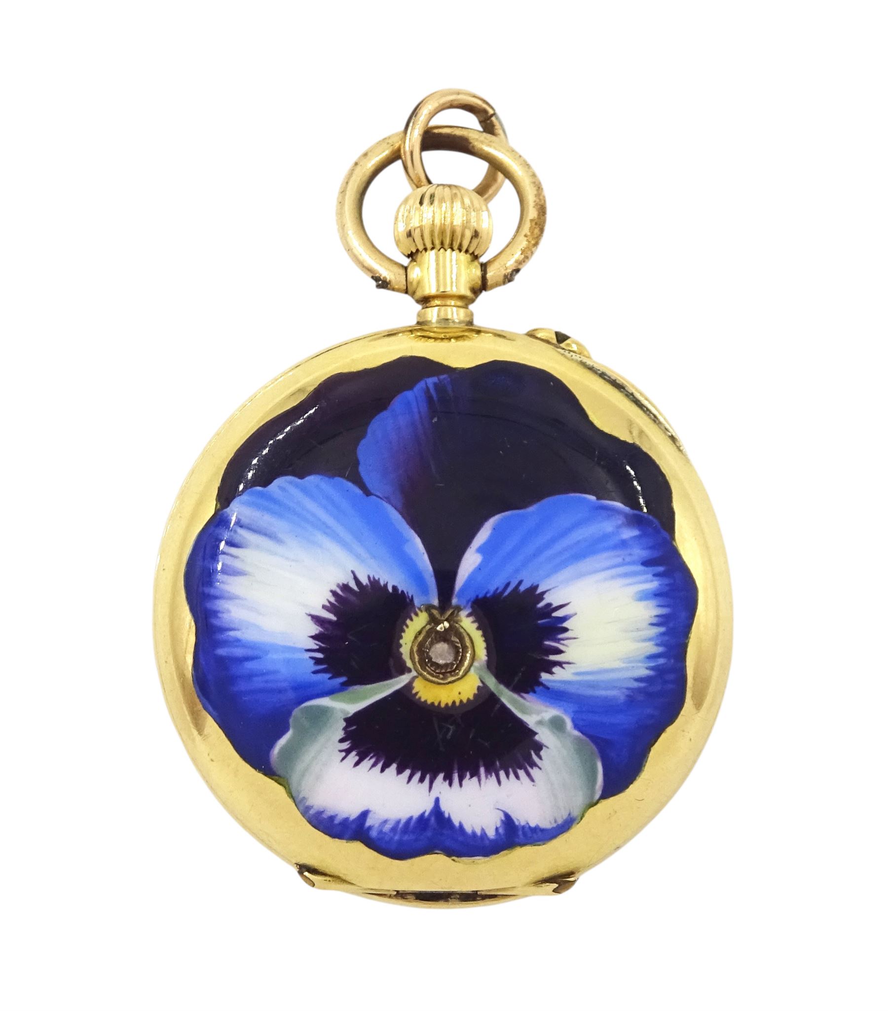 Early 20th century 18ct gold open face keyless lever ladies fob watch, white enamel dial with Roman numeral hour markers and subsidiary seconds dial, the back case decorated with an enamelled blue pansy set with a single rose cut diamond, stamped 18k with Helvetia hallmark