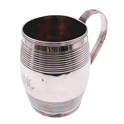 George III silver mug, of barrel form with engraved initials to body between reeded bands and curved strap handle, hallmarked London 1796, makers mark partly worn and indistinct, H9cm, approximate weight 4.71 ozt (146.4 grams)