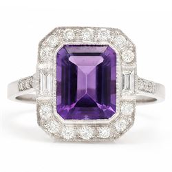 Platinum amethyst and diamond cluster ring, single octagonal cut amethyst  of approx 3.00 ...