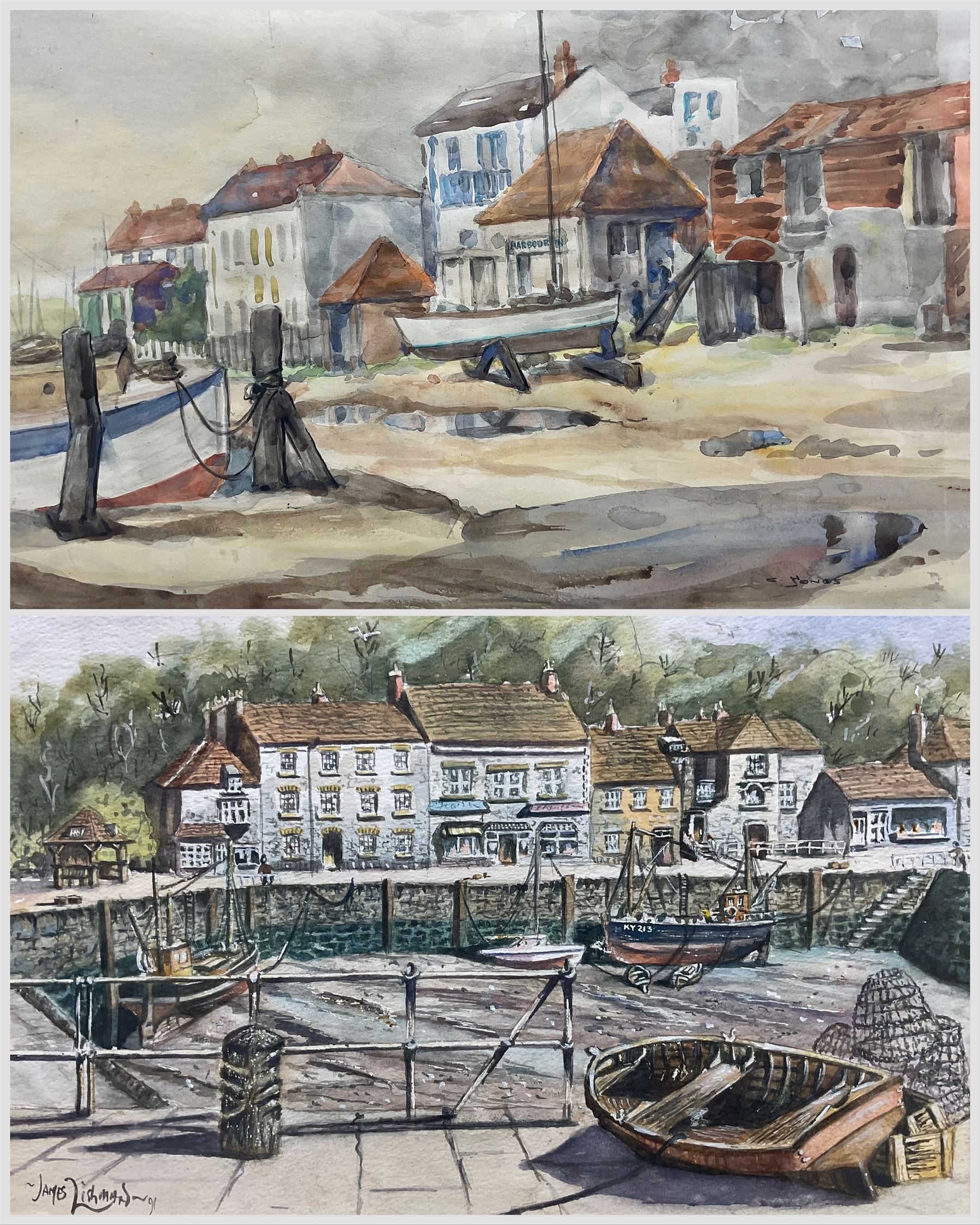 James Lishman (British 1931-2024): 'Harbour View - Fifeshire', watercolour signed and dated '91, titled verso 24cm x 36cm; C Herbert Jones (British 20th Century): 'Harbour Inn - Southwold', watercolour signed, titled verso 23cm x 33cm (2)