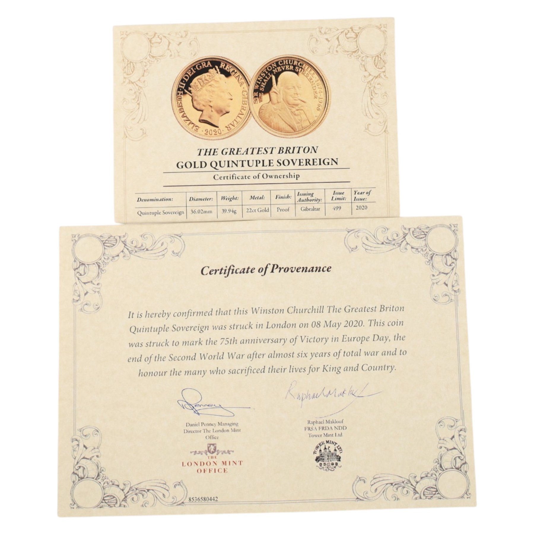 Queen Elizabeth II Gibraltar 2020 'The Greatest Briton' gold proof quintuple sovereign coin, issued by The London Mint Office, cased with certificate