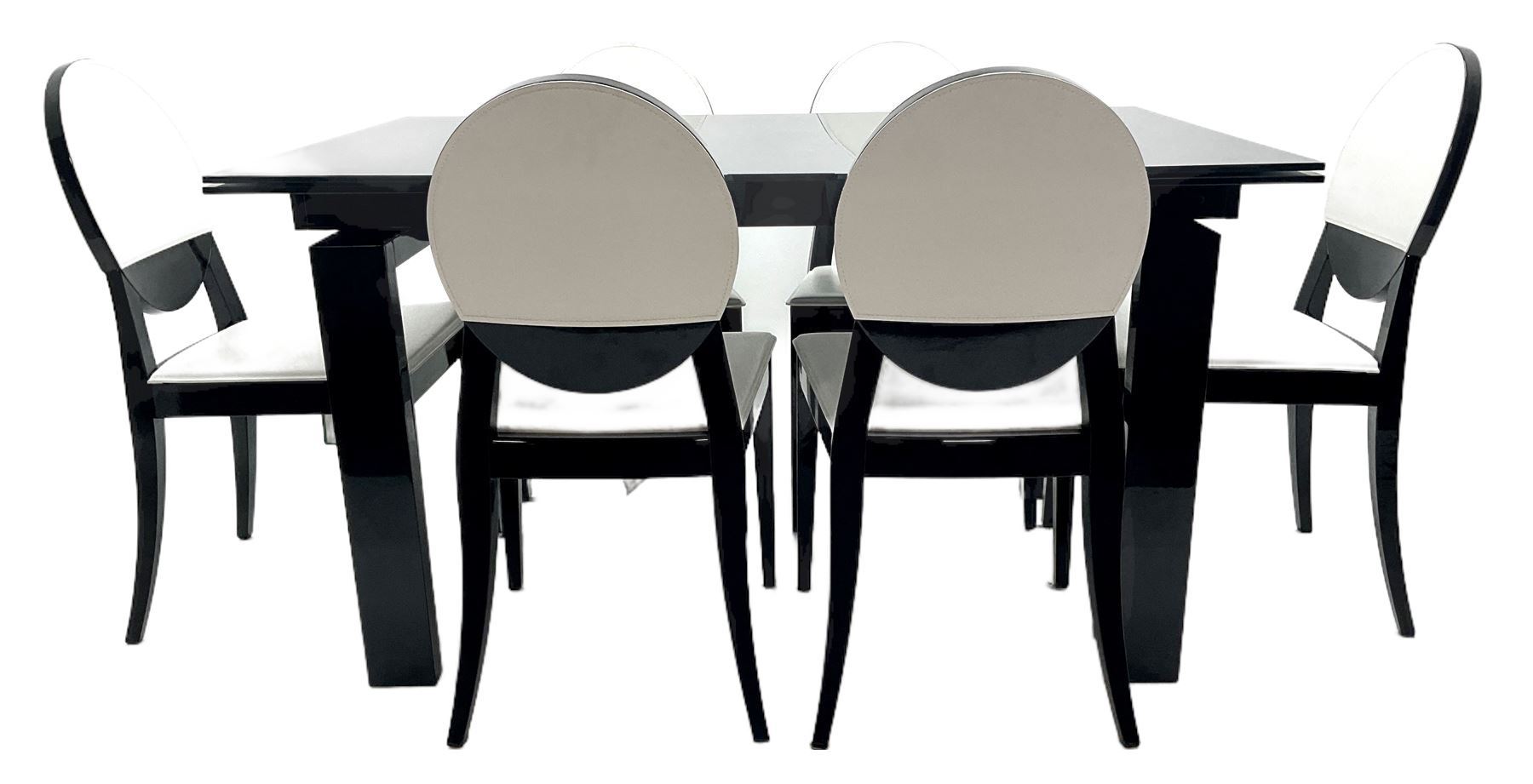 Casabella Dolce Vita black gloss and glass extending dining table, rectangular, and set six chairs black and white dining chairs