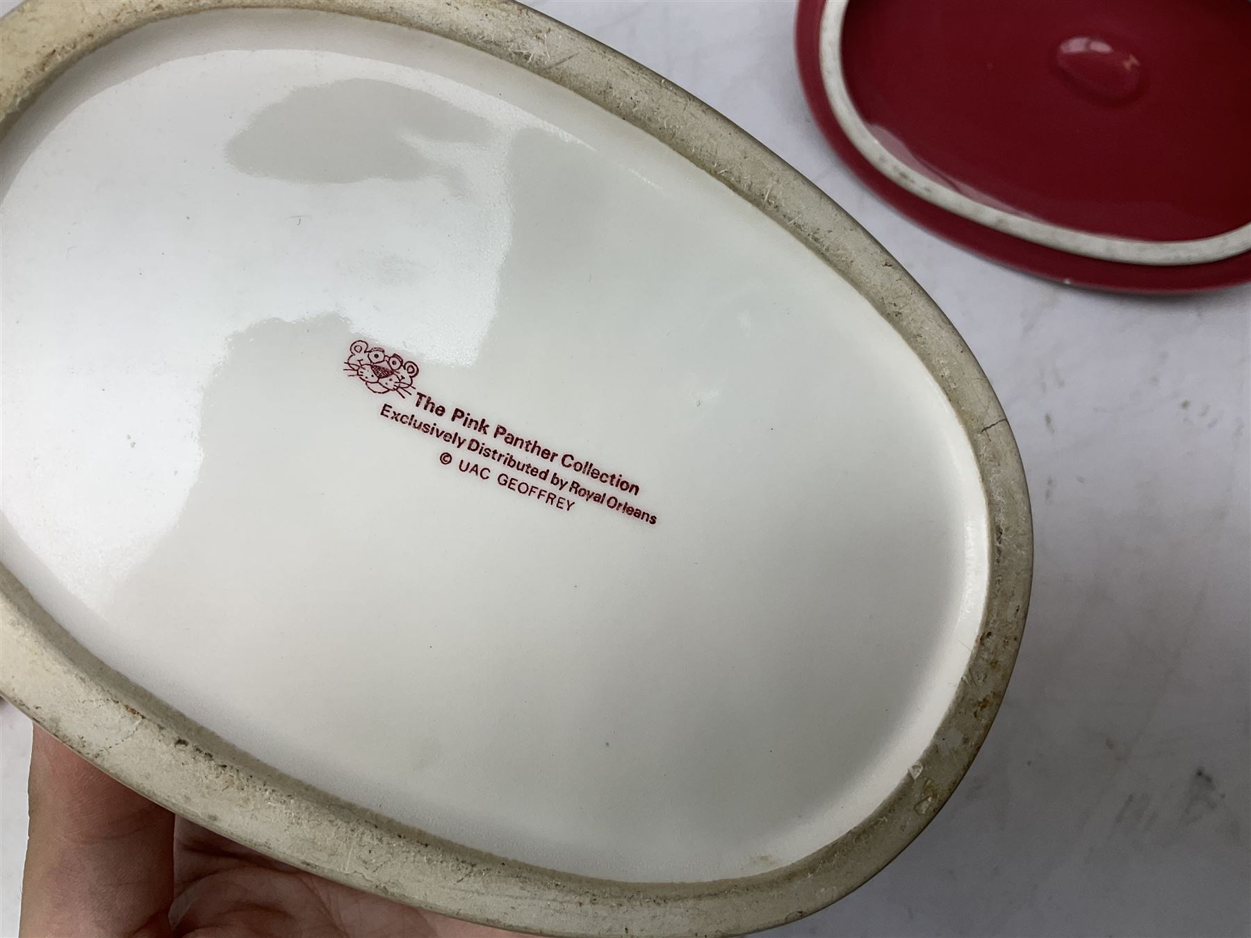 Three Sylvia Smith models of Old English Sheepdogs, Royal Orleans Pink Panther lidded box, two Crummels boxes and two Royal Worcester bird figures