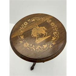 Victorian inlaid rosewood work sewing box, curved trumpet form with circular hinged lid inlaid with warrior woman on horse surrounded by trailing foliate, fitted interior, on scrolled carved splayed supports