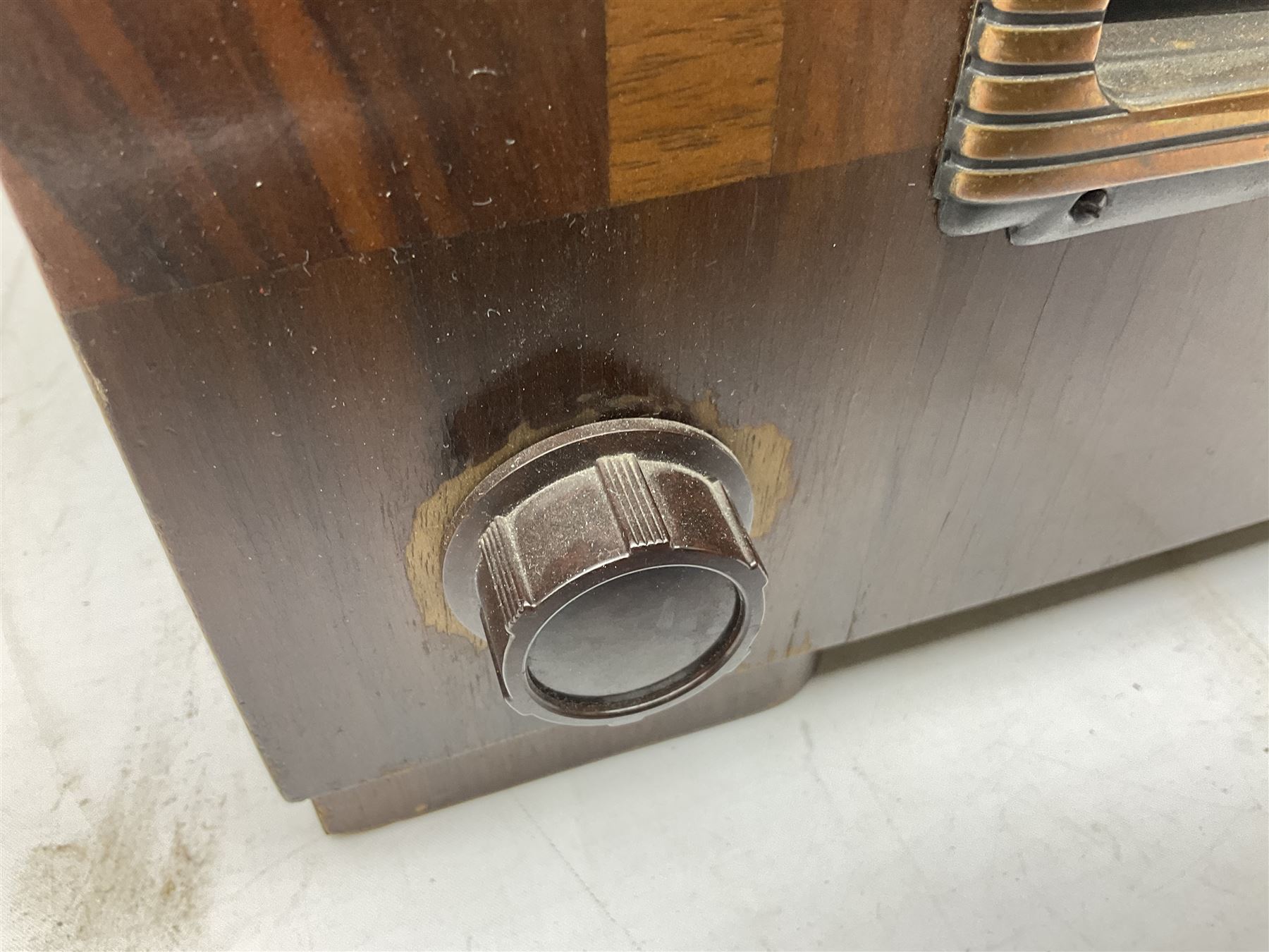 1930s Marconi model 296 valve radio, with Bakelite knobs and trim and 'M' over speaker fret, H40cm W46cm D27cm, together with 1930s Ferguson 702 valve radio with Bakelite knobs, H47cm