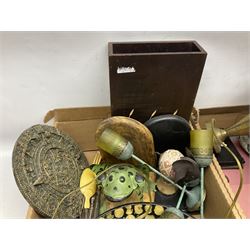 20th century Postilion brass and agate carriage clock with bevelled glass panel, H13cm, Peugeot Freres coffee grinder, silver-plate, figures, quantity of vinyl records, four The Works of William Shakespeare pub Odhams Press, brass lamp etc in three boxes