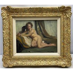 Henry James Haley (British 1874-1964): Reclining Nude, oil on panel signed 20cm x 25cm