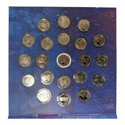 Mostly commemorative coins, medallions and fantasy coinage, including various 'Sainsbury's Makers of the Millennium' medal collection folders containing various medallions, The Toer Mint commemorative four medallion set in fitted case, Queen Elizabeth II 1982 silver proof piedfort twenty pence coin cased with certificate, various part filled The London Mint office folders etc