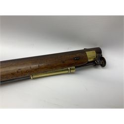 19th century Tower Armoury .650 calibre percussion cap carbine, the walnut full stock with profusely marked 51cm barrel and swivel captive ramrod under, brass furniture including butt plate inscribed 'NY/E/51', saddle ring fitting on left side, Tower lock marked (18)44, fixed front and rear sights L91cm overall