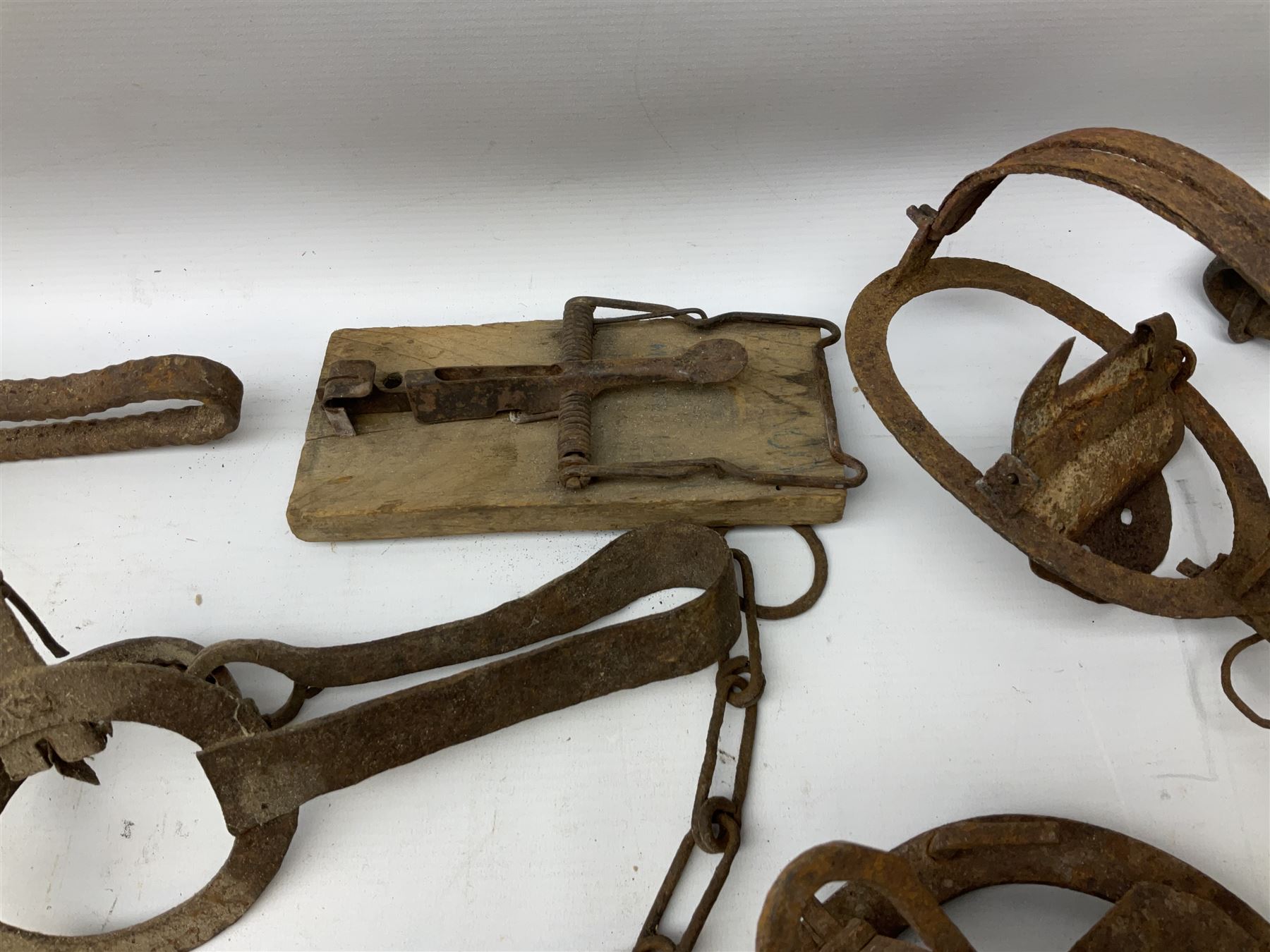 Quantity of animal traps including, gin traps, mole traps, Henri Marty wirework cage trap etc. Auctioneer's Note: These traps are sold as artefacts for ornamental purposes only as the use of some of them is illegal.