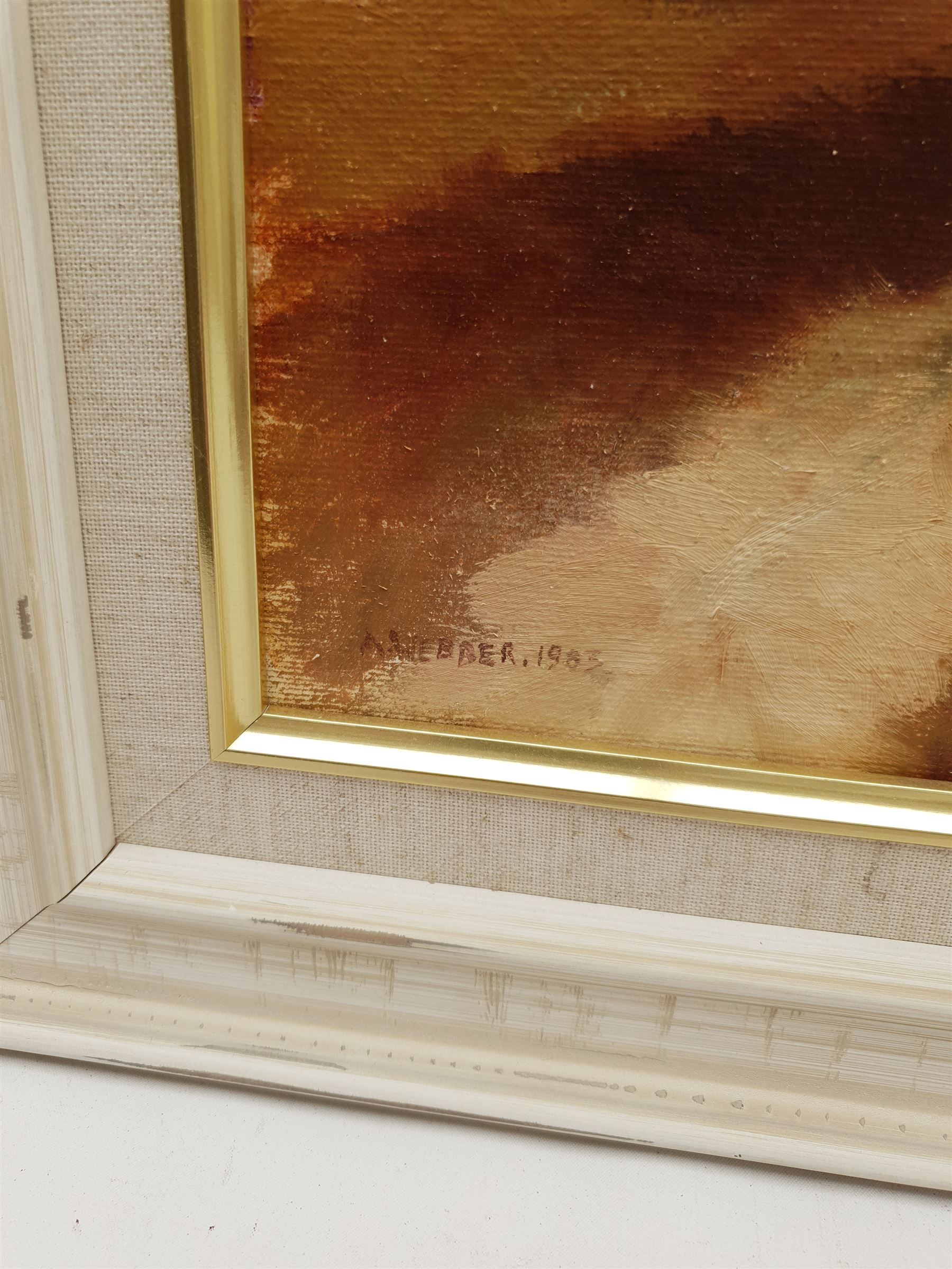 A Webber (British 20th century): 'Sarah’s Bouquet', oil on canvas signed and dated 1983, titled on the stretcher verso 50cm x 60cm