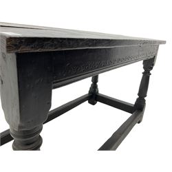 17th century oak table, three plank top on turned supports joined by moulded stretchers, the frieze rails decorated with incised arcade type decoration