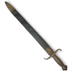 Prussian 1852 pattern hanger with brass hilt and leather scabbard, blade length 48cm