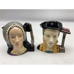 Royal Doulton Henry VIII and his Six Wives Character Jugs, comprising of Henry VIII D6647, Catherine of Aragon D6657, Anne Boleyn D6650, Jane Seymour D6746, Anne of Cleves D6753, Catherine Howard D6692 and Catherine Parr D6751, tallest H10cm