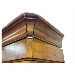 19th century French walnut dresser, the moulded cornice over two-panelled cupboard doors, enclosing two shelves and one small
drawer, on a base of two further cupboards