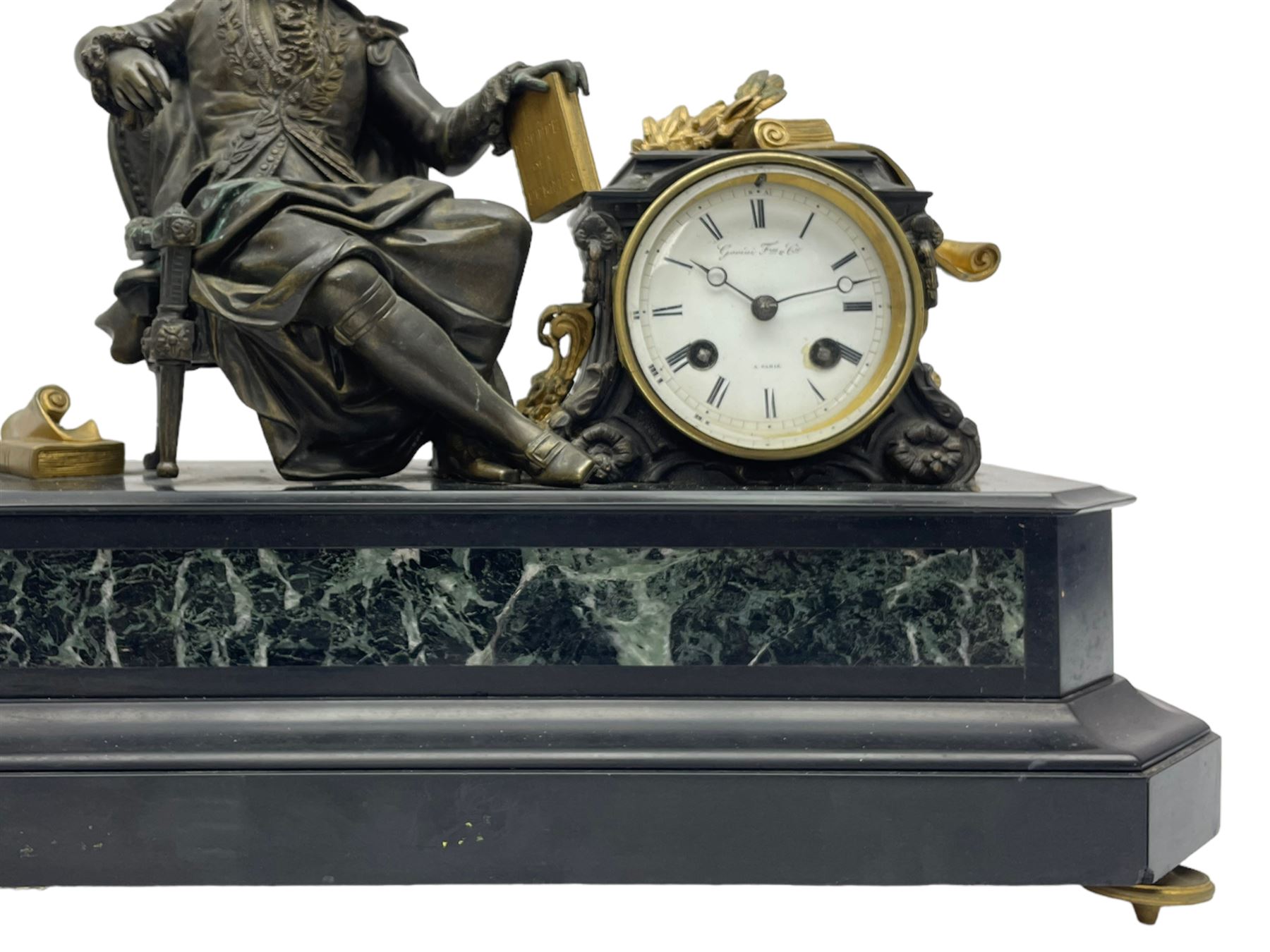 French - 19th century Belgium slate and marble 8-day mantle clock c1860, surmounted with a cast brass figure of the French poet  Ernest Legouve, holding a copy of his collection of poems 