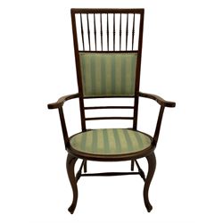Edwardian inlaid mahogany high spindle back chair, seat and back cushion upholstered in green striped fabric