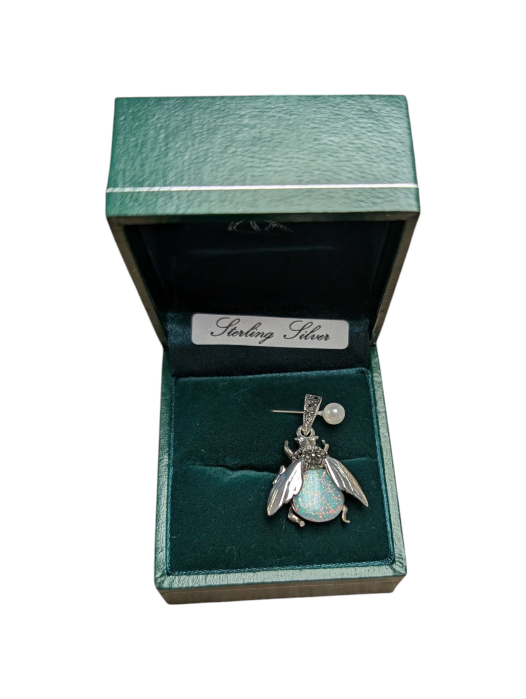 Silver opal marcasite bug pendant, stamped 925, boxed