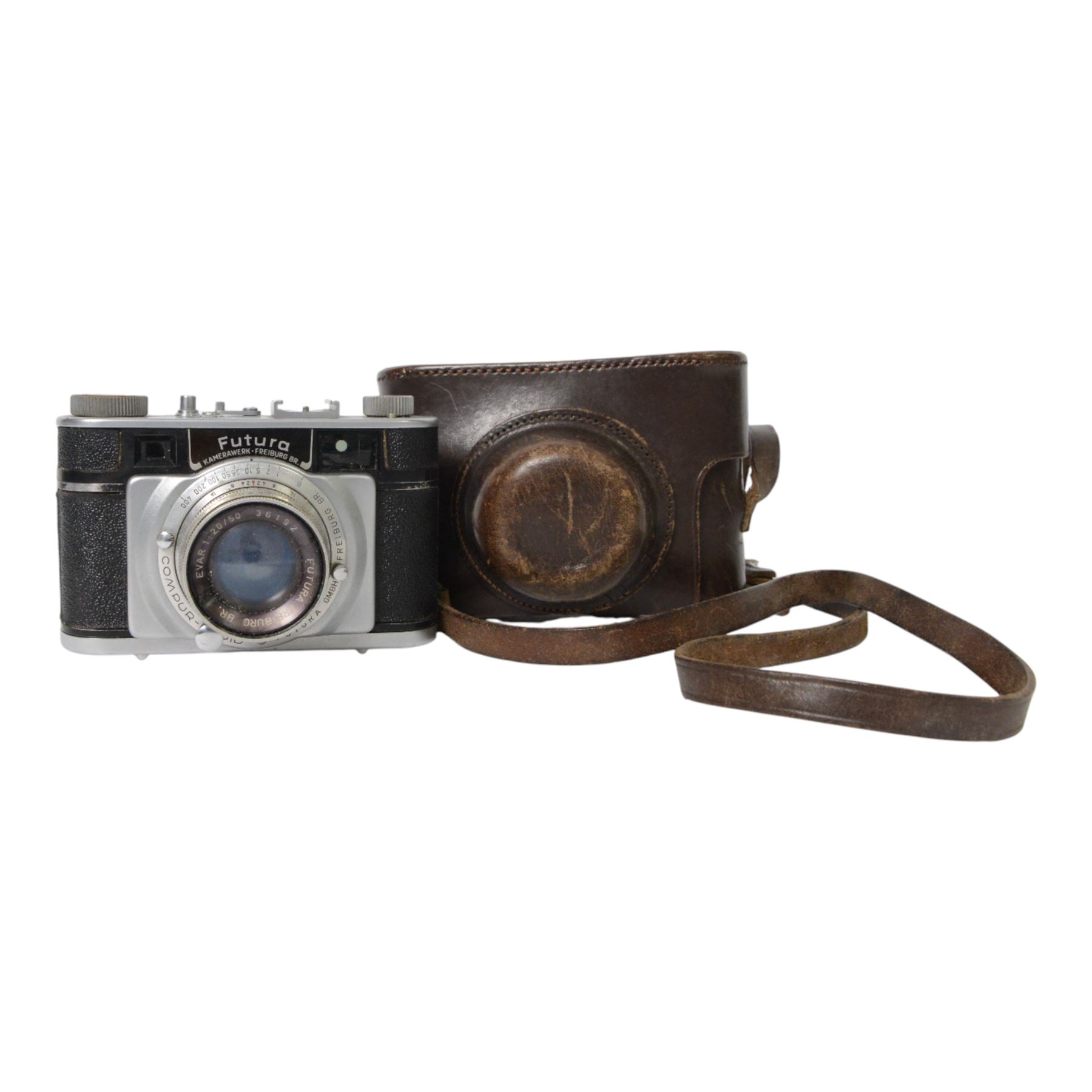Futura Kamerawerk 35mm rangefinder camera, with Future Freiberg Evar 1:2.0/50 serial no. 36192, in brown leather carrycase