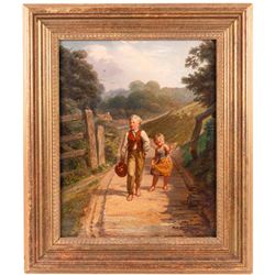 William Bromley III (British 1816-1890): Two Children on a Country Lane, oil on canvas dated 1867 in the artist's hand, indistinctly inscribed verso 37cm x 29cm