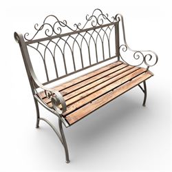 Antique grey painted metal garden bench with wood slatted seat