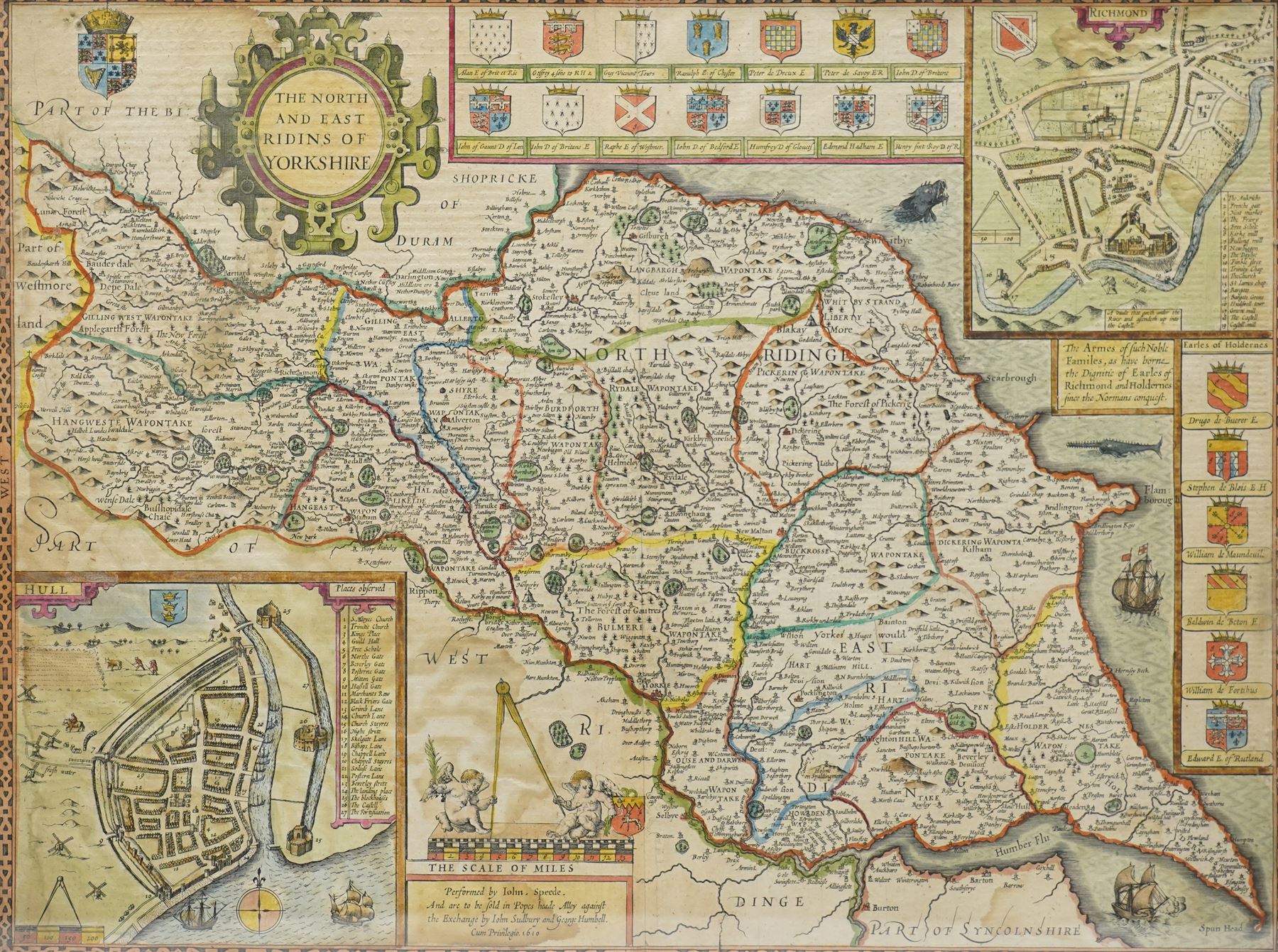 John Speed (British 1552-1629): 'The North and East Ridings of Yorkshire', 17th century engraved map with hand-colouring with inset plans of Richmond and Hull and numerous armorials, Latin text verso pub. by John Sudbury & George Humble c.1611-1616, 40cm x 52cm