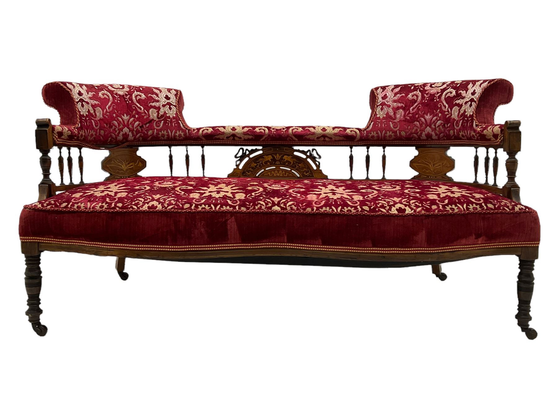 Edwardian inlaid rosewood salon suite, upholstered in red and gold fabric, comprising two seat sofa, pair of tub shaped armchairs, and four side chairs