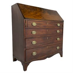 George III figured mahogany bureau, the fall front enclosing satinwood interior of small drawers, cupboards and pigeon holes, four graduating drawers, on bracket feet 

This item has been registered for sale under Section 10 of the APHA Ivory Act 