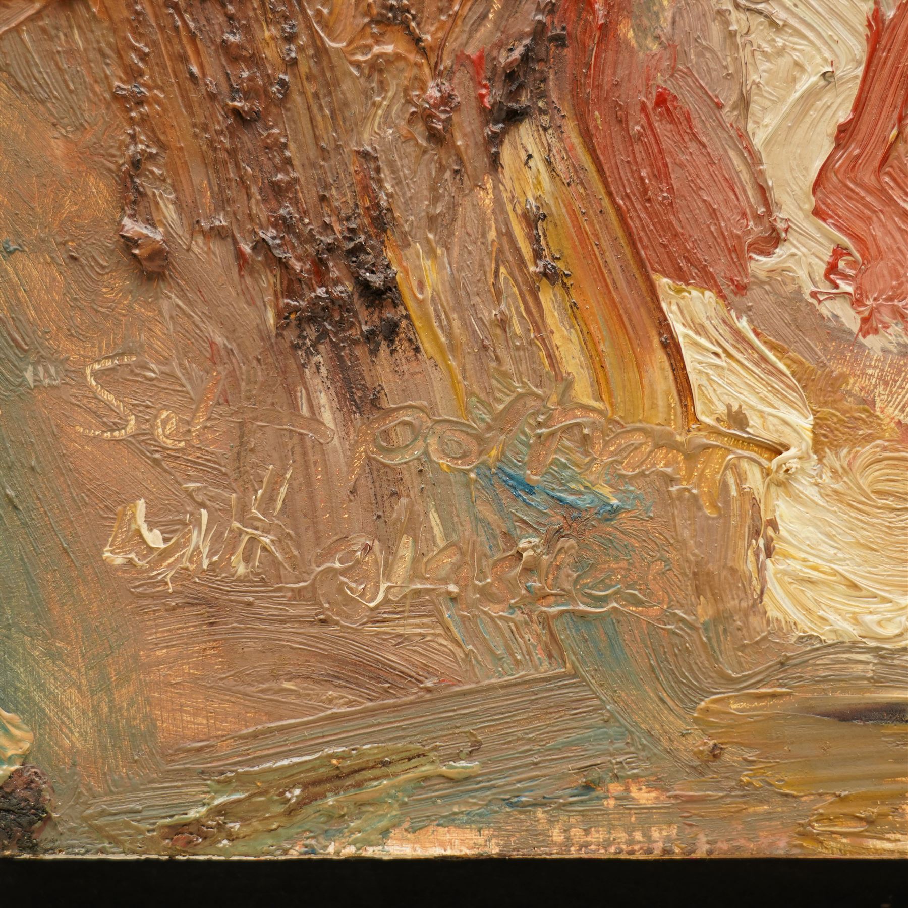 Barry De More (Yorkshire 1948-2023): 'Self Portrait with Glasses', oil and impasto on board signed and titled, inscribed and dated 2010 verso 35cm x 27cm
Notes: Acclaimed as one of the North's greatest expressionist artists, Barry De More (1948-2023) used a heavy impasto style to transfer his love of Yorkshire landscapes, townscapes and people to canvas. His work sits comfortably in the company of work by Kossoff and Auerbach, selling to collectors in the UK and overseas. De More's work can be found in the permanent collection of work by Northern Artists at Dean Clough, one of the UK's largest contemporary art galleries.