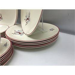Crown Devon Stockholm patterned tea and dinner wares, to include, five teacups and saucers, milk jug, open sucrier, six dessert plates, six side plates, six dinner plates, serving platter, etc (42)