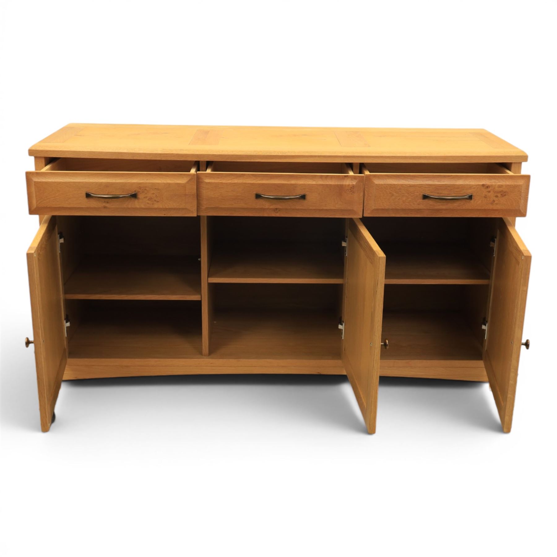 Contemporary light oak sideboard, three cupboards and three soft close drawers