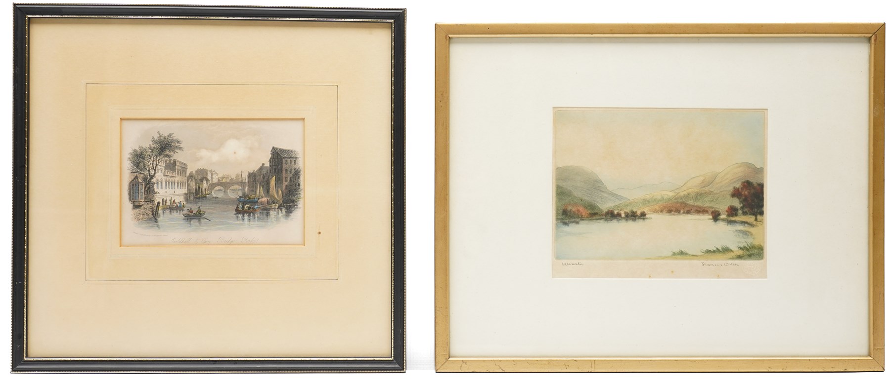 Edward Francis Wells (British 1876-1952): 'Evening Flow - Derwentwater' and 'Ullswater', two etchings with aquatint signed and titled in pencil, stamped with Rembrandt Guild Artists Proof blindstamp; D le Roux (20th century): Mountain Valleys, pair of watercolours signed, together with three other pictures including York-themed etchings max 22cm x 30cm (7)