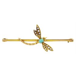 Gold dragonfly brooch, the body set with a cabochon turquoise, the wings set with split seed pearls, stamped 9ct
