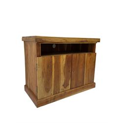 Contemporary hardwood television stand, reeded edge over double cupboard