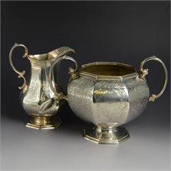 Victorian silver milk jug and twin handled open sucrier, of octagonal segmented form, each...