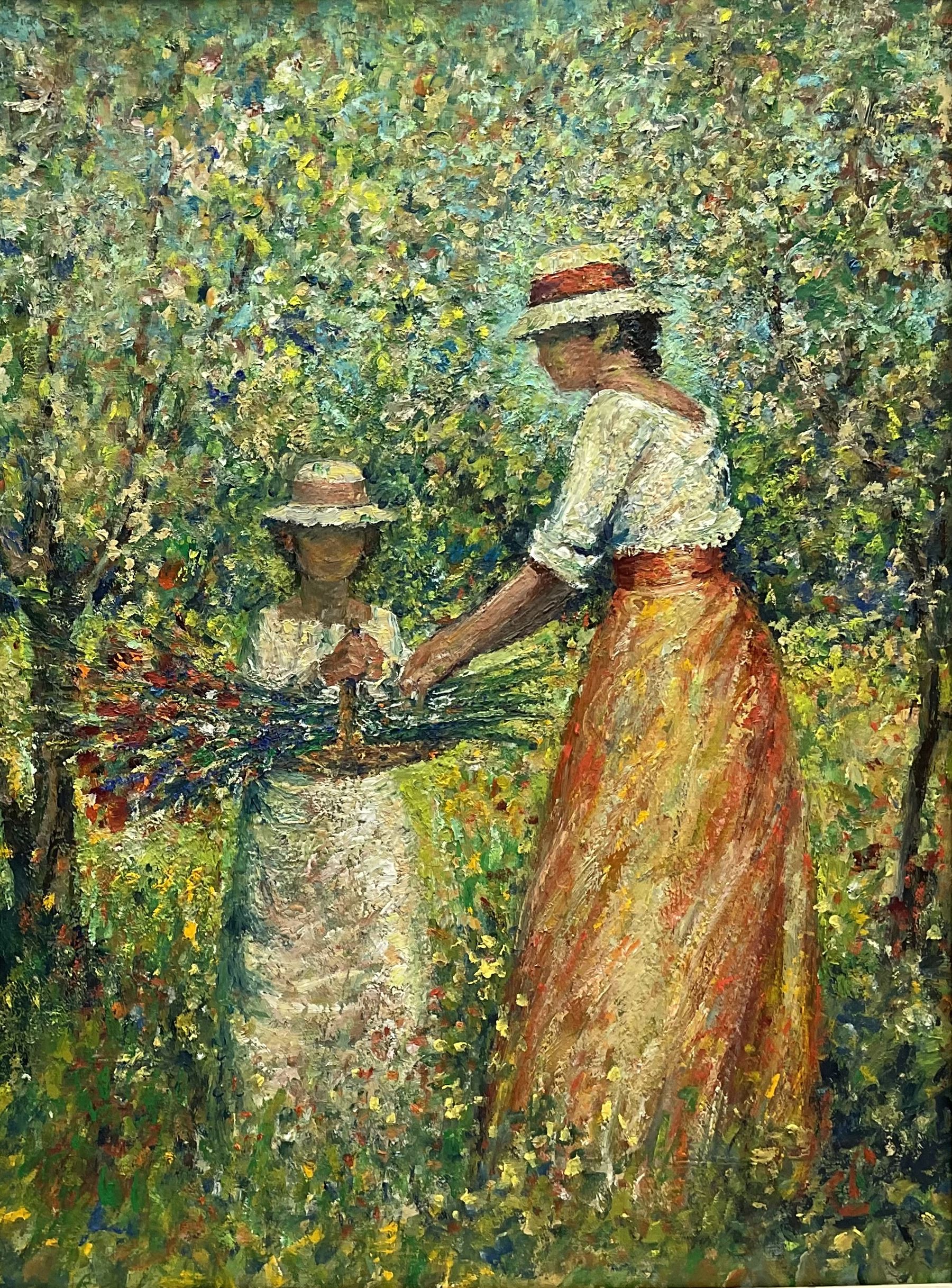 Philip A Corley (Irish/American 1944-): 'Picking Flowers', oil on canvas board signed with monogram 60cm x 45cm