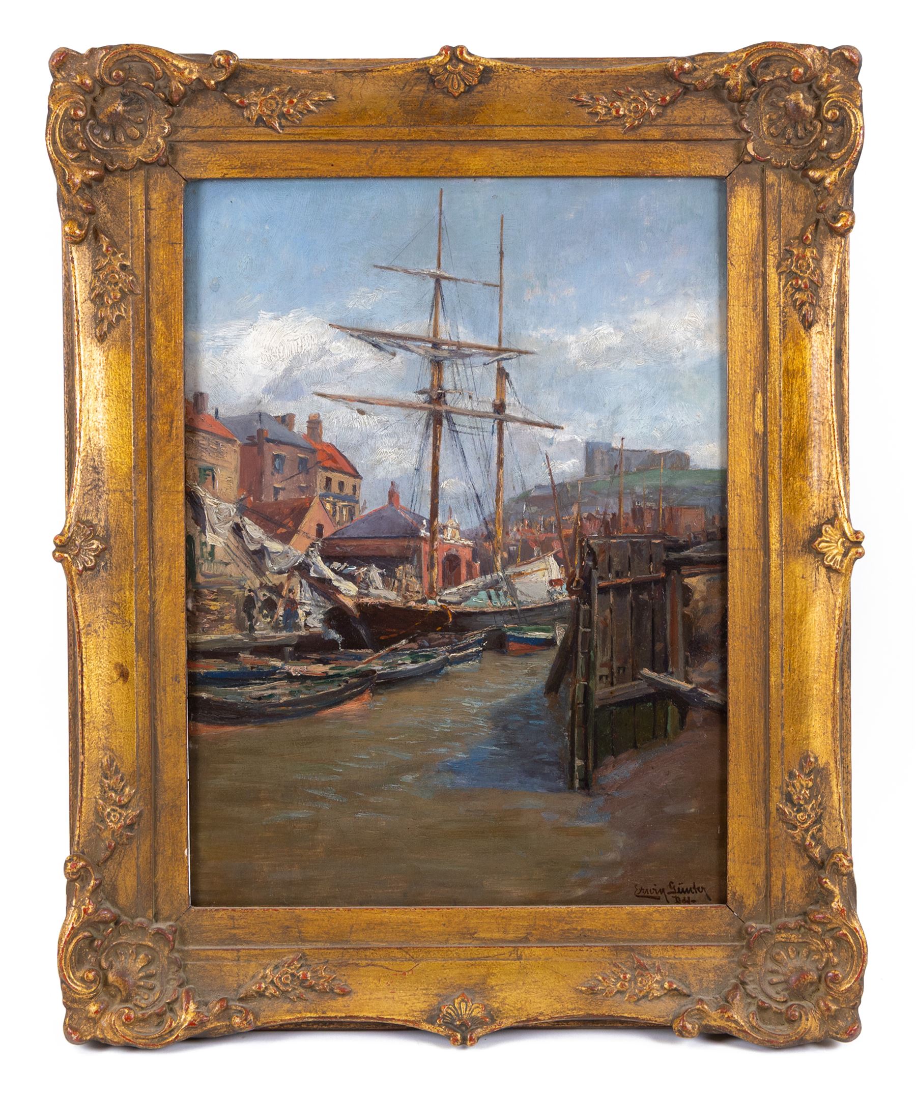 Erwin Carl Wilhelm Günther (German 1864-1927): Tall Ship in Whitby Harbour, oil on panel signed 43cm x 32cm
