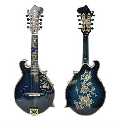 Eastern eight-string F-hole mandolin with blue sunburst finish and mother-of-pearl inlay of flowers and birds L69cm