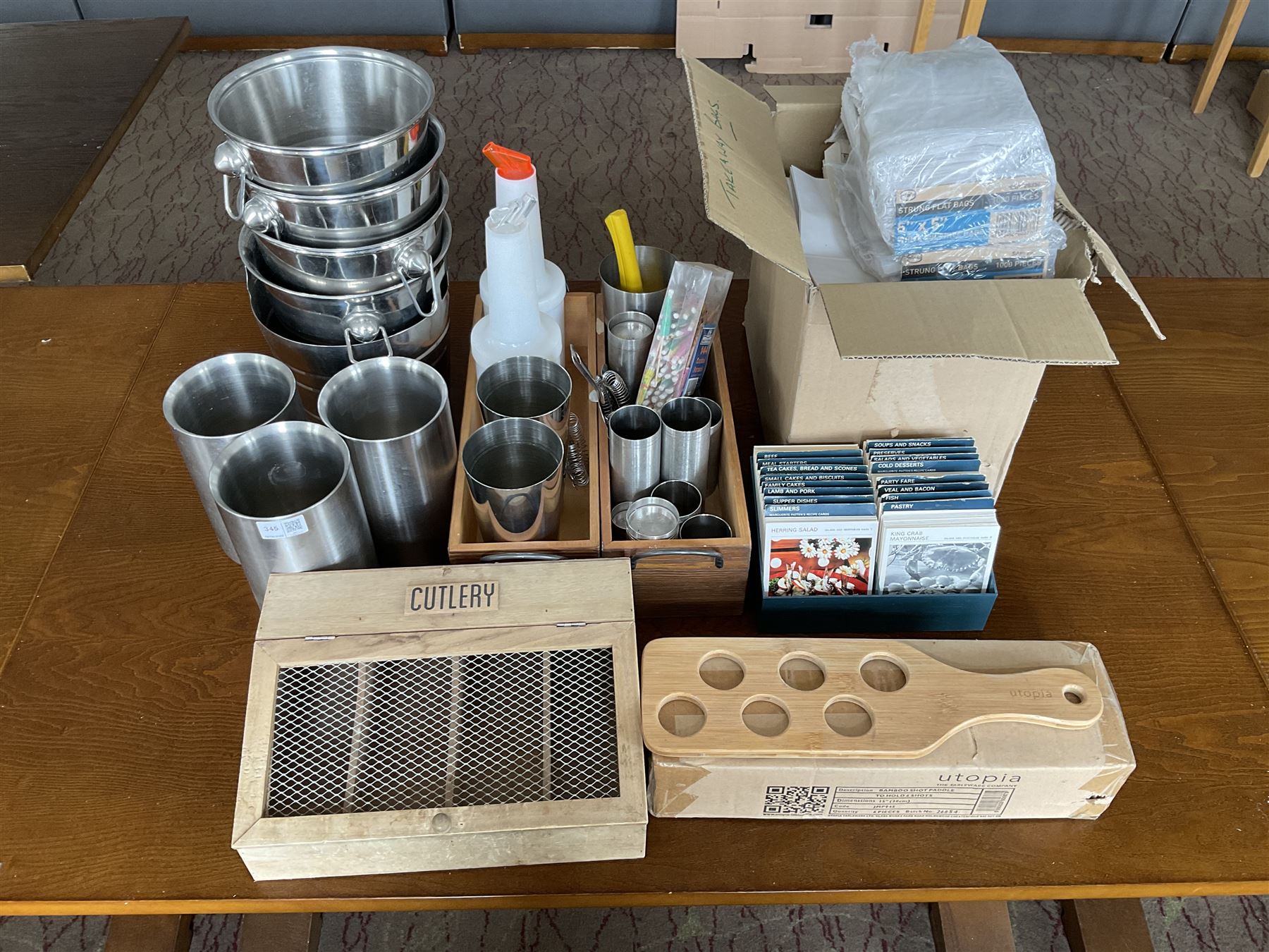 Stainless steel bar buckets, measuring cups, shaker, white sulphite bags, takeaway bags, bamboo shot paddles etc- LOT SUBJECT TO VAT ON THE HAMMER PRICE - To be collected by appointment from The Ambassador Hotel, 36-38 Esplanade, Scarborough YO11 2AY. ALL GOODS MUST BE REMOVED BY WEDNESDAY 15TH JUNE.