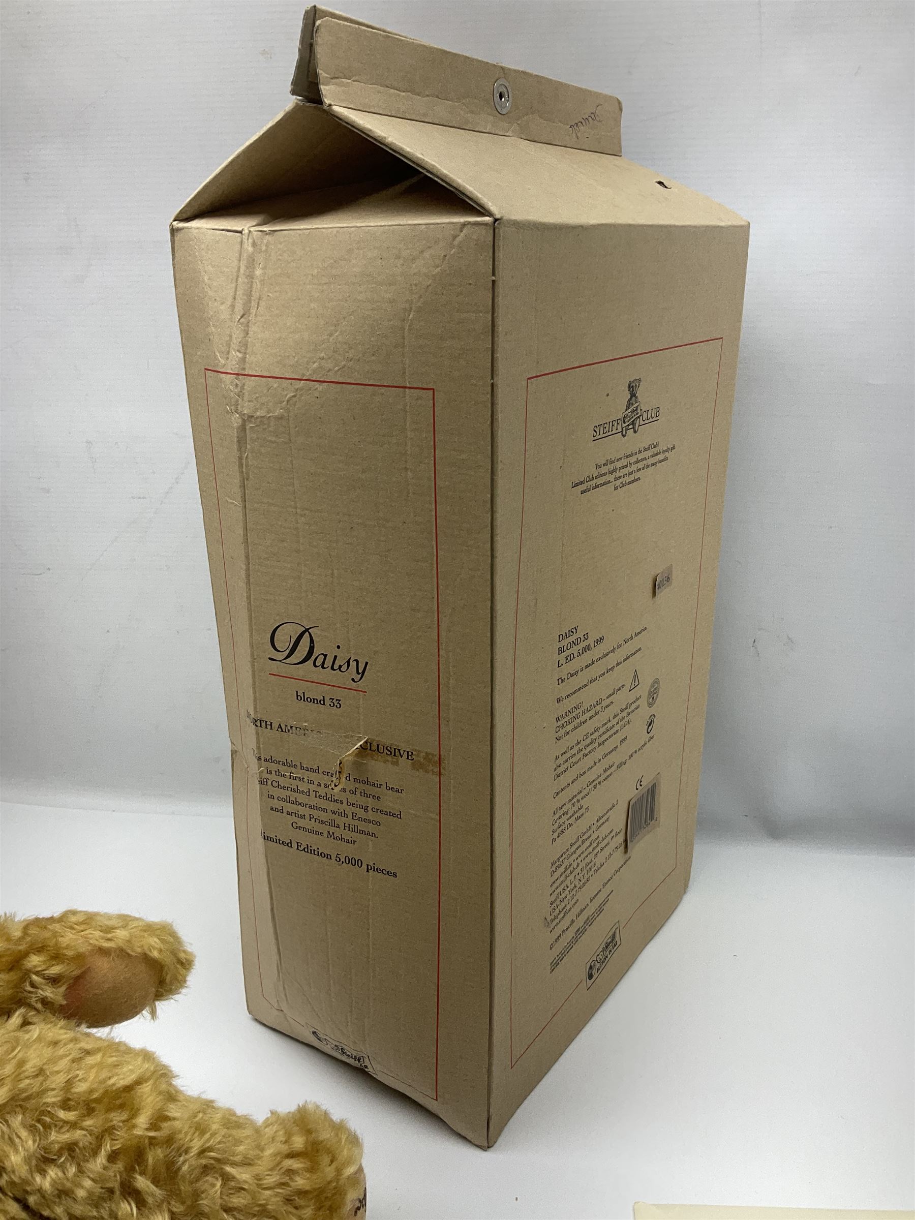 Two modern Steiff limited edition teddy bears - Prince William's 21st Birthday Bear with growler mechanism No.58/1500 H35cm; and Cherished Teddies Collection Daisy No.4269/5000 H33cm; both boxed with certificates (2)