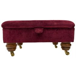 Duresta - traditional shape armchair upholstered in burgundy red velvet, on square tapering front supports (W88cm, H85cm, D103cm); together with a matching rectangular footstool with hinged seat, on turned feet with brass castors (73cm x 54cm, H38cm)