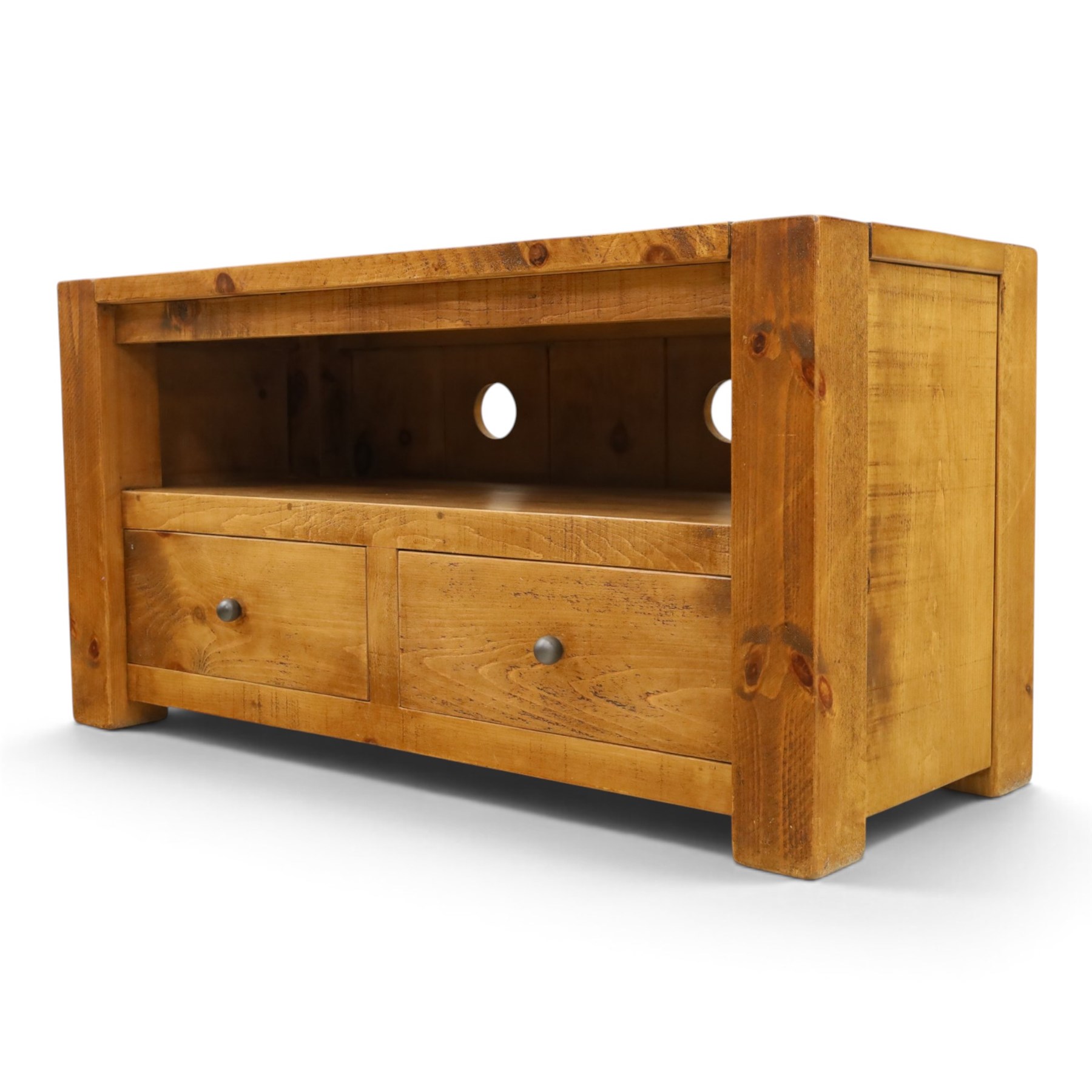 Indigo Furniture - rustic oak media cabinet, rectangular top over open shelf, two drawers fitted to base