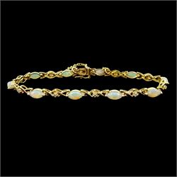14ct gold marquise shaped opal and diamond link bracelet, Sheffield 2002